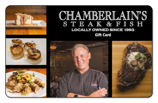 Chamberlains Steak Logo over an image of a steak entree.